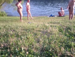 Huge mature nudist tits troop to the water