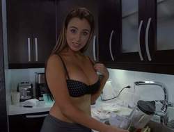 Tempting non-professional brunette Sofia with hot curvy body and natural knockers gets her shirt wet and sluggishly starts stripping in the kitchen while lover films everything in point if view